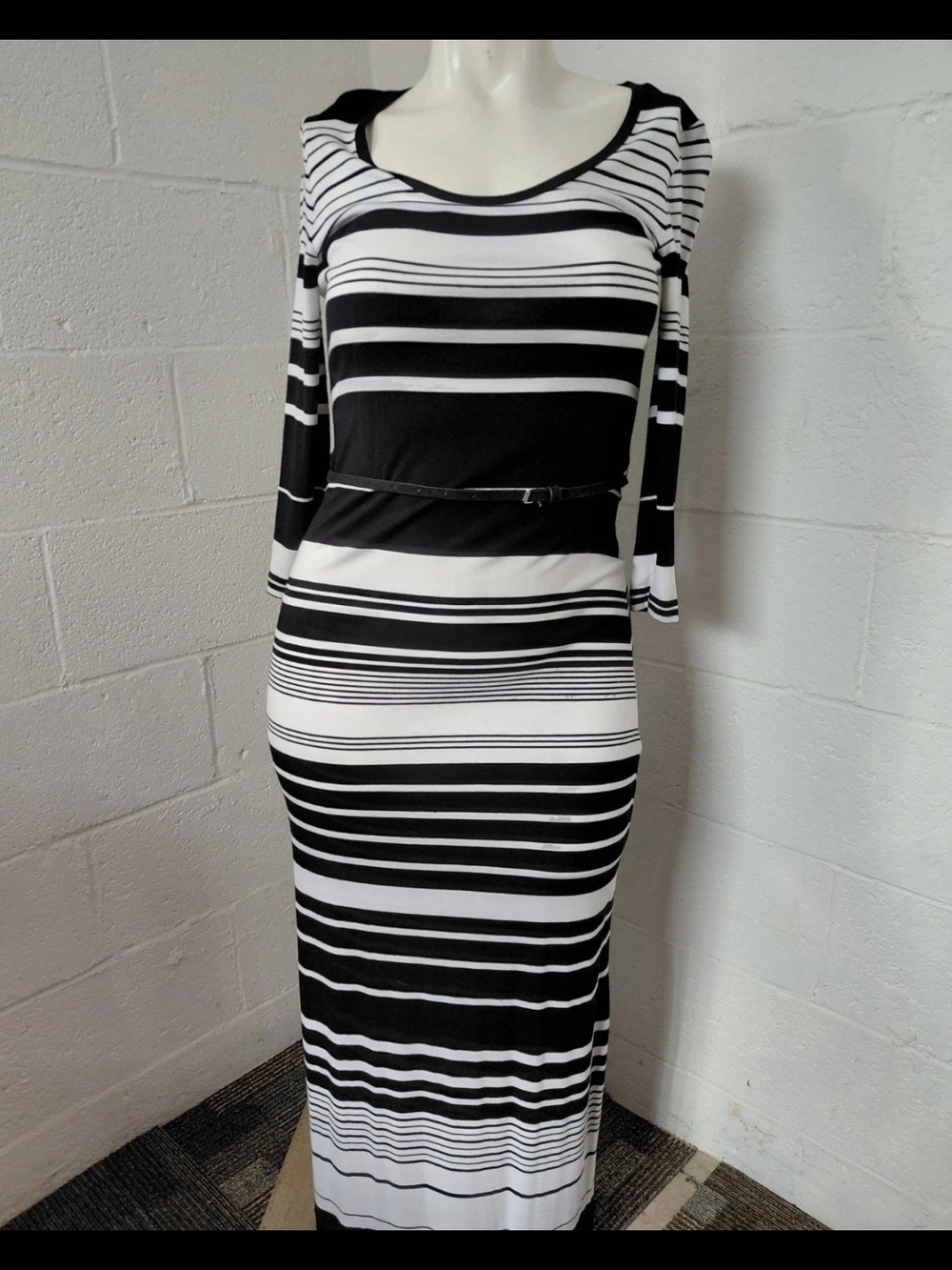 Calvin Klein Black and White Striped Maxi Dress with Slim Belt
